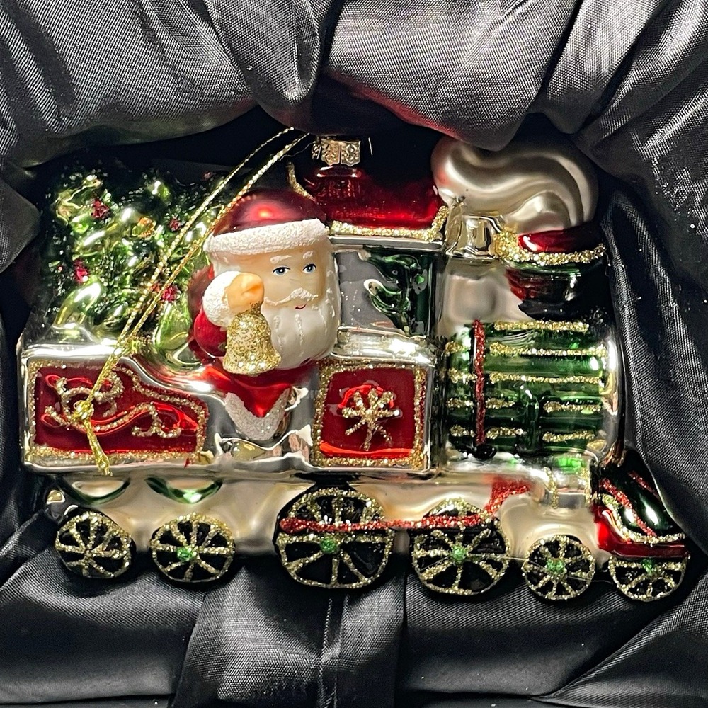 2008 Glass "Santa in Train" with Snowman & Bear Ornament. New in Box.